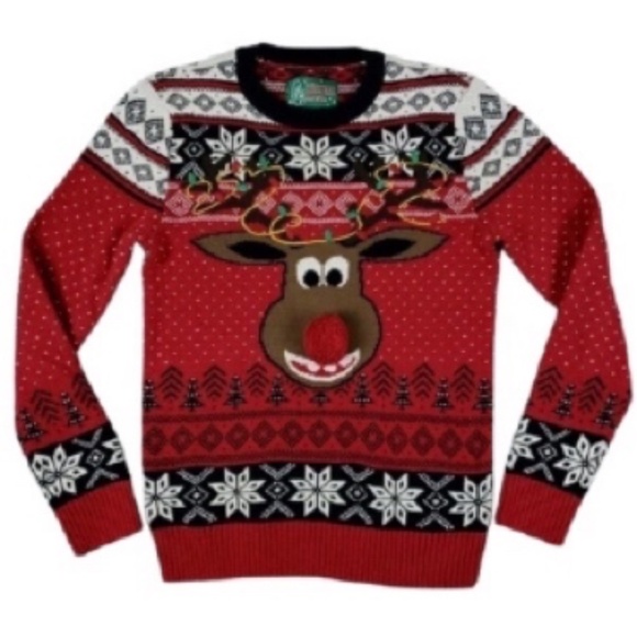 UGLY CHRISTMAS SWEATER Men's Red Fair Aisle Festive Knit Rudolph Pom Pom Nose - Picture 1 of 5